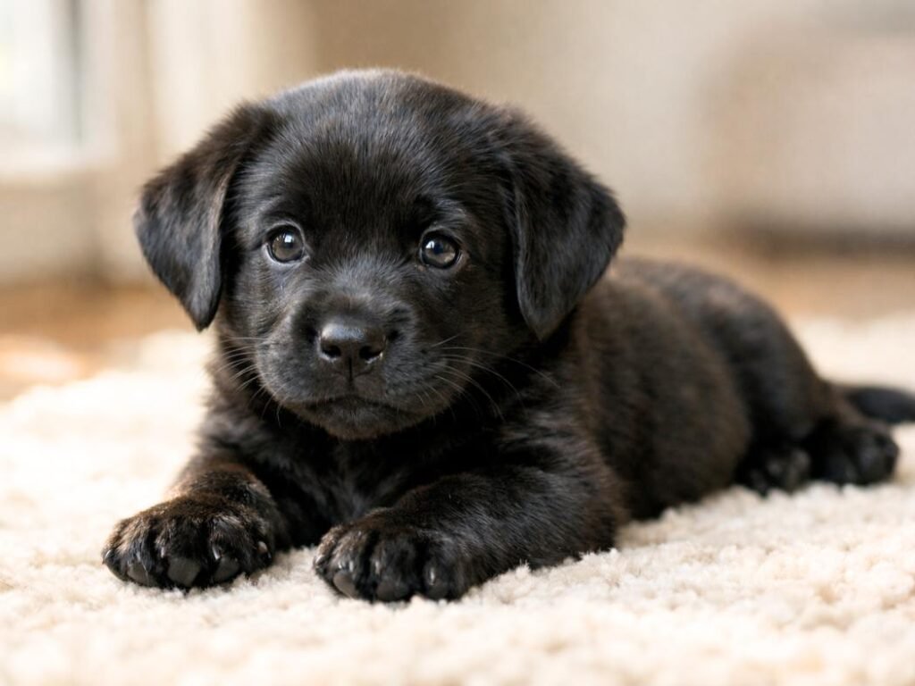 Cute black Labrador puppy lying on a cozy rug looking playful and curious
