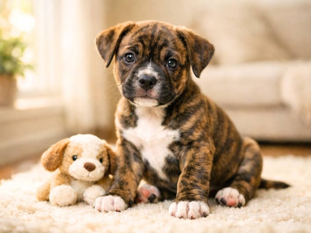 Cute brindle American Staffordshire Terrier puppy sitting on a cozy rug