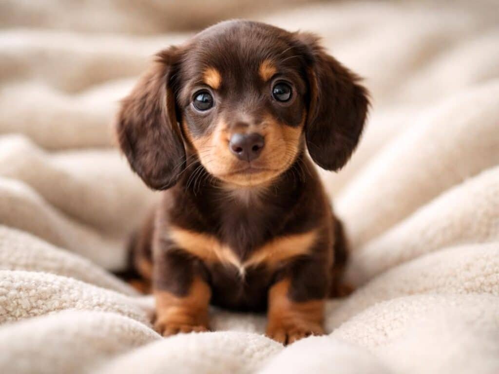 Adorable chocolate and tan dachshund puppy with big eyes and long ears sitting on a cozy blanket