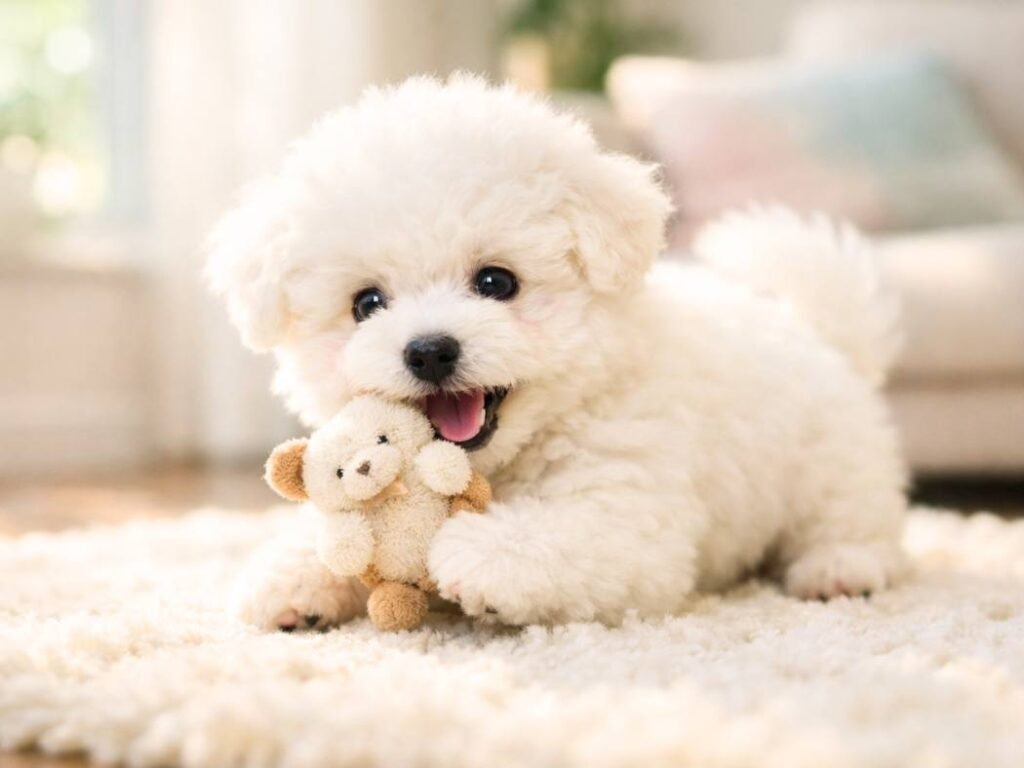 Fluffy Bichon Frise puppy playing indoors on a soft rug in a bright cozy living room