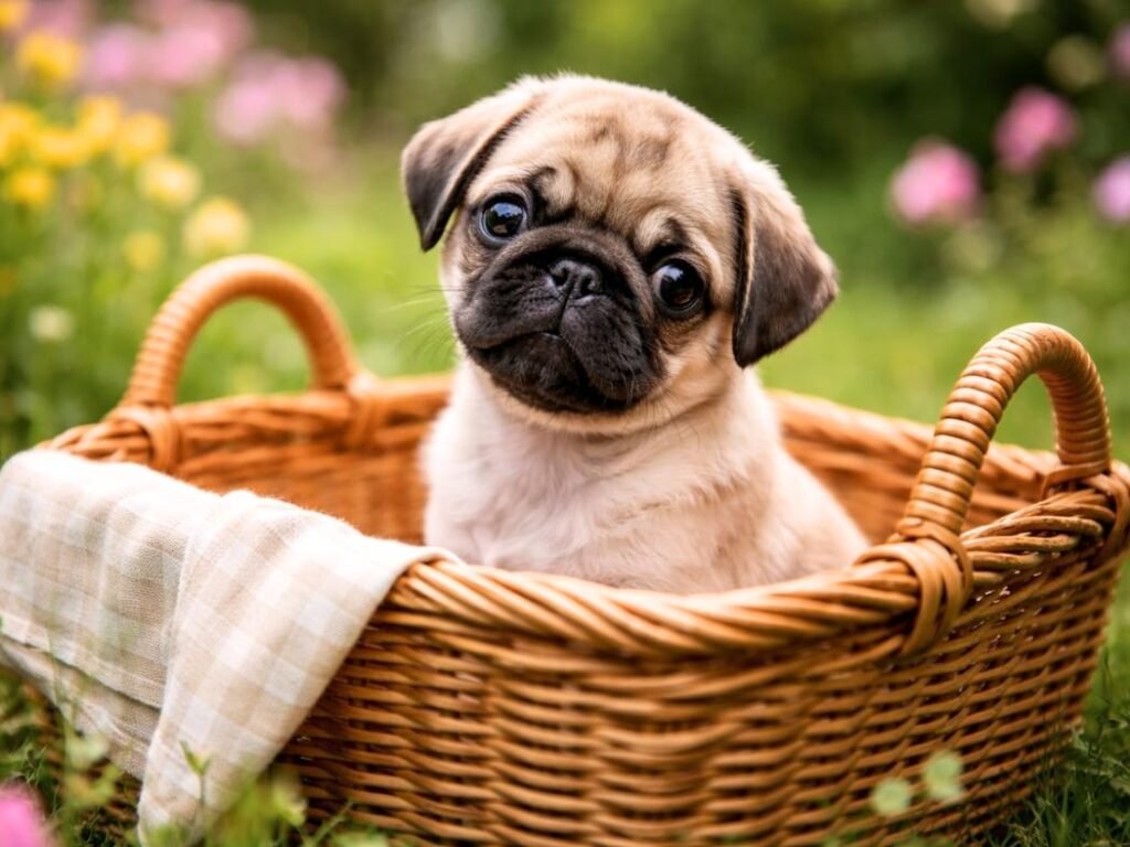 Cute pug puppy sitting in a picnic basket surrounded by flowers in a garden