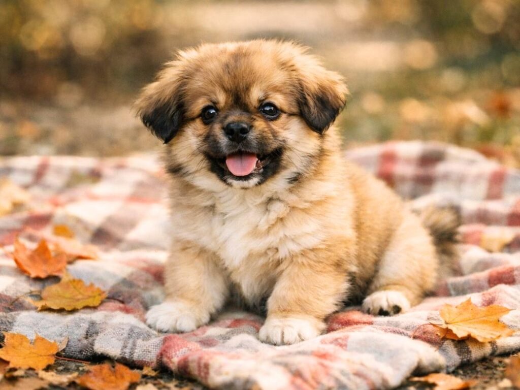 Tibetan Spaniel puppy sitting on a picnic blanket outdoors with autumn leaves around, looking playful and fluffy