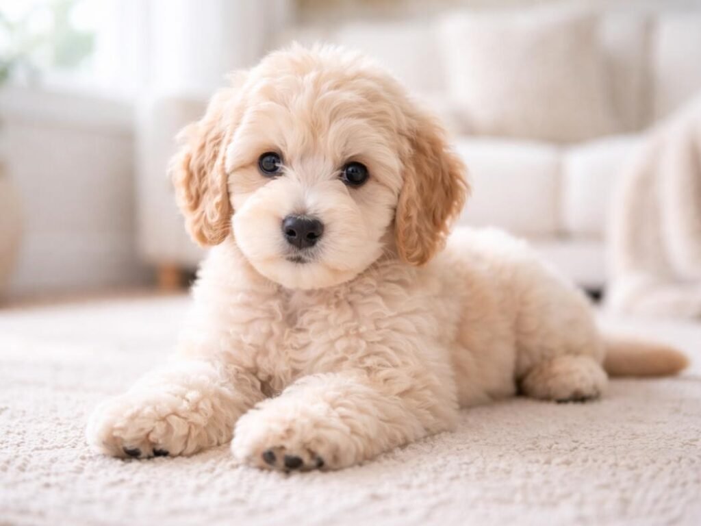 An extremely cute Labradoodle puppy lying down with big eyes and a fluffy coat.