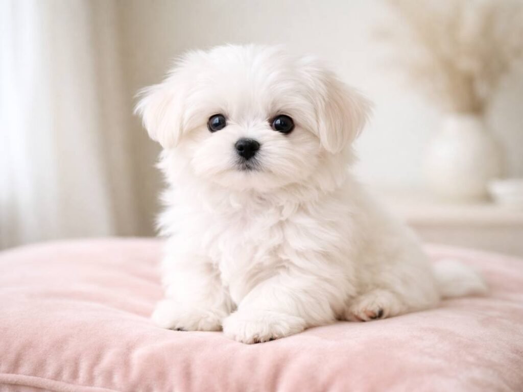 Cute Maltese puppy sitting on a soft cushion with long silky white fur