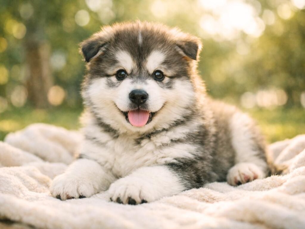 Cute gray and white Alaskan Malamute puppy sitting on a cozy blanket outdoors