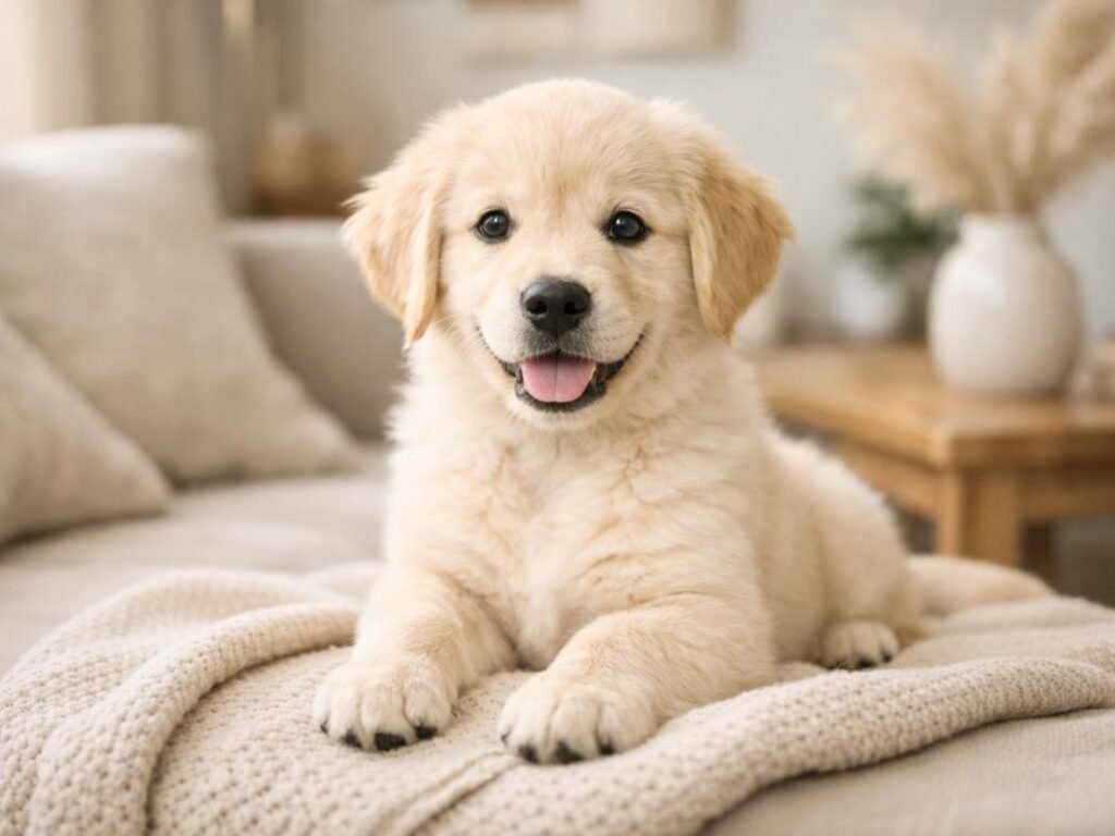 A cute Golden Retriever puppy sitting in a warm, bright space with a sweet and playful expression.