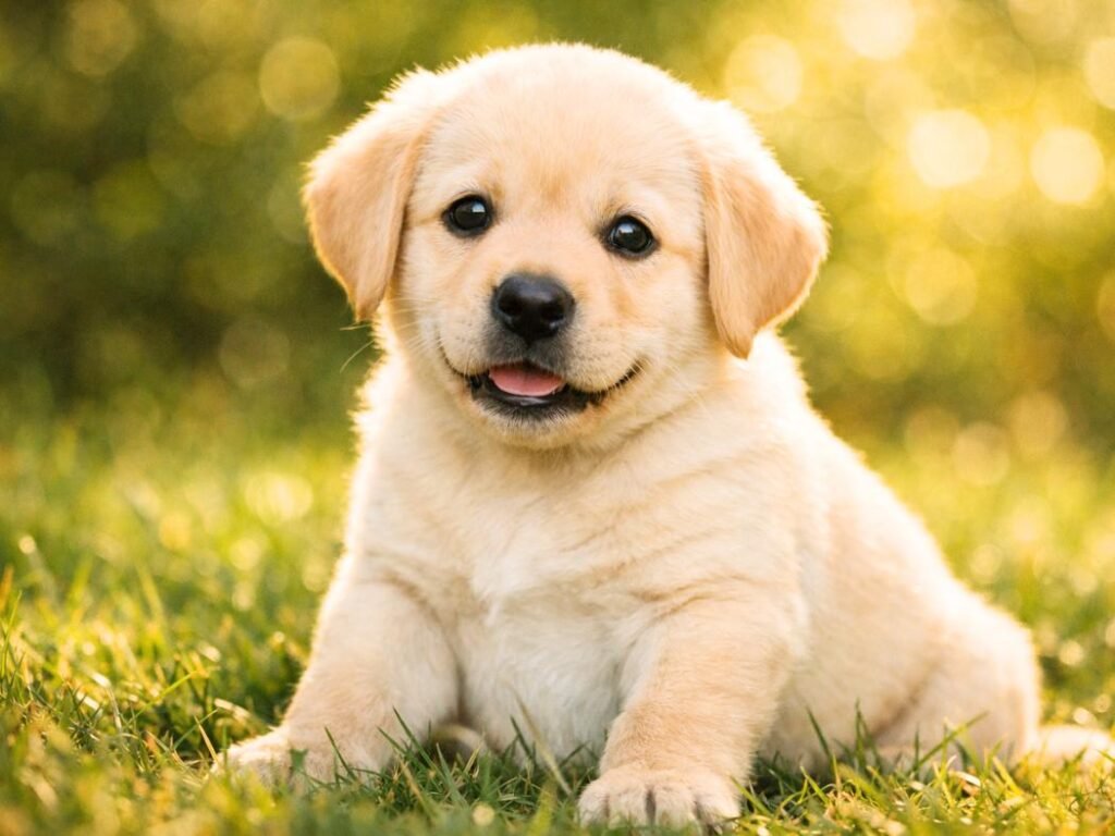 Cream-colored Labrador puppy sitting in a sunny grassy field looking curious and playful
