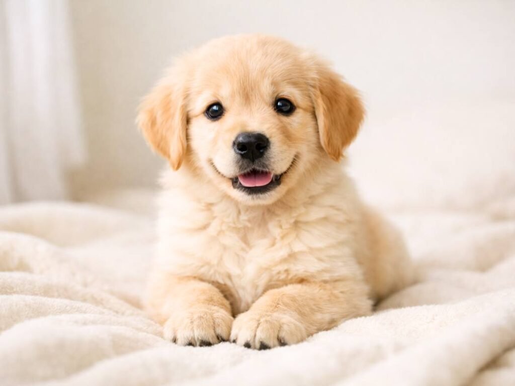 Cute golden retriever puppy sitting on a soft blanket with a gentle expression