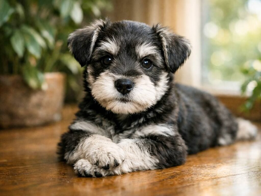 Cute male Miniature Schnauzer puppy resting indoors near a window with a gentle expression