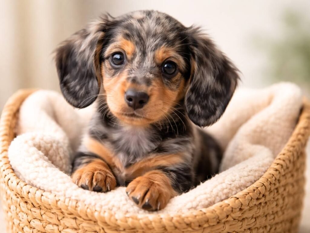 Dapple Dachshund merle puppy sitting inside a woven basket looking adorable