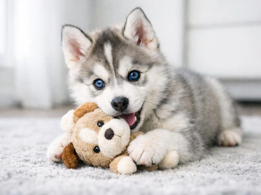 Cute silver Siberian Husky puppy playing on a light gray rug indoors