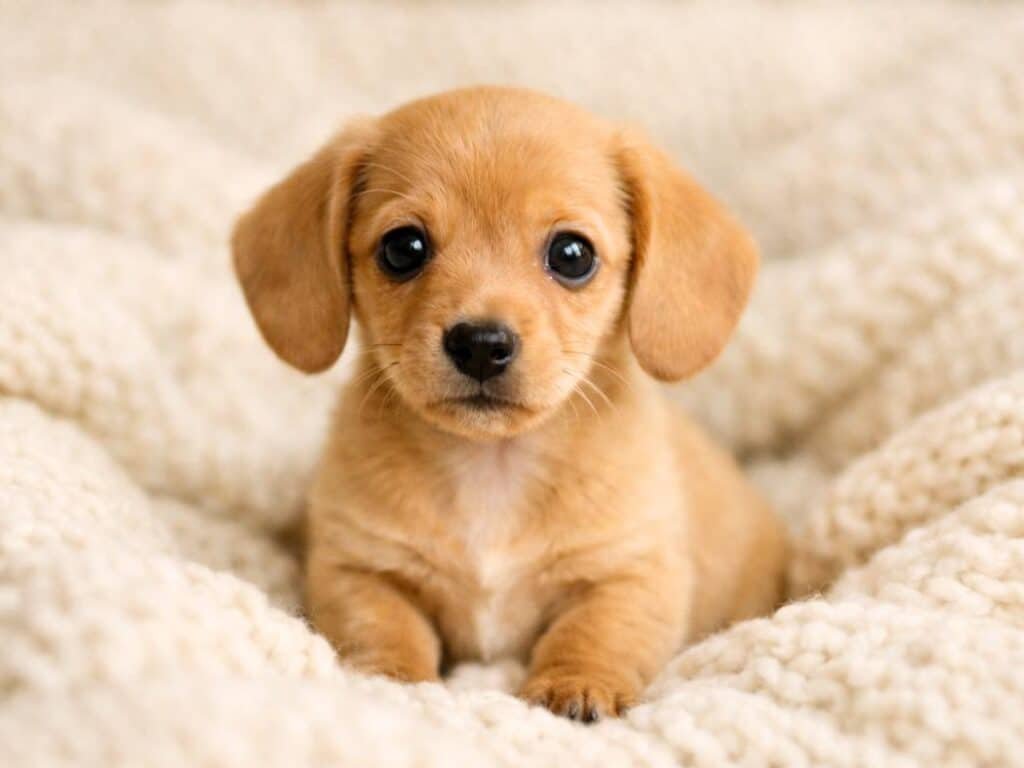 Adorable tan dachshund puppy with floppy ears and big eyes sitting on a cozy blanket
