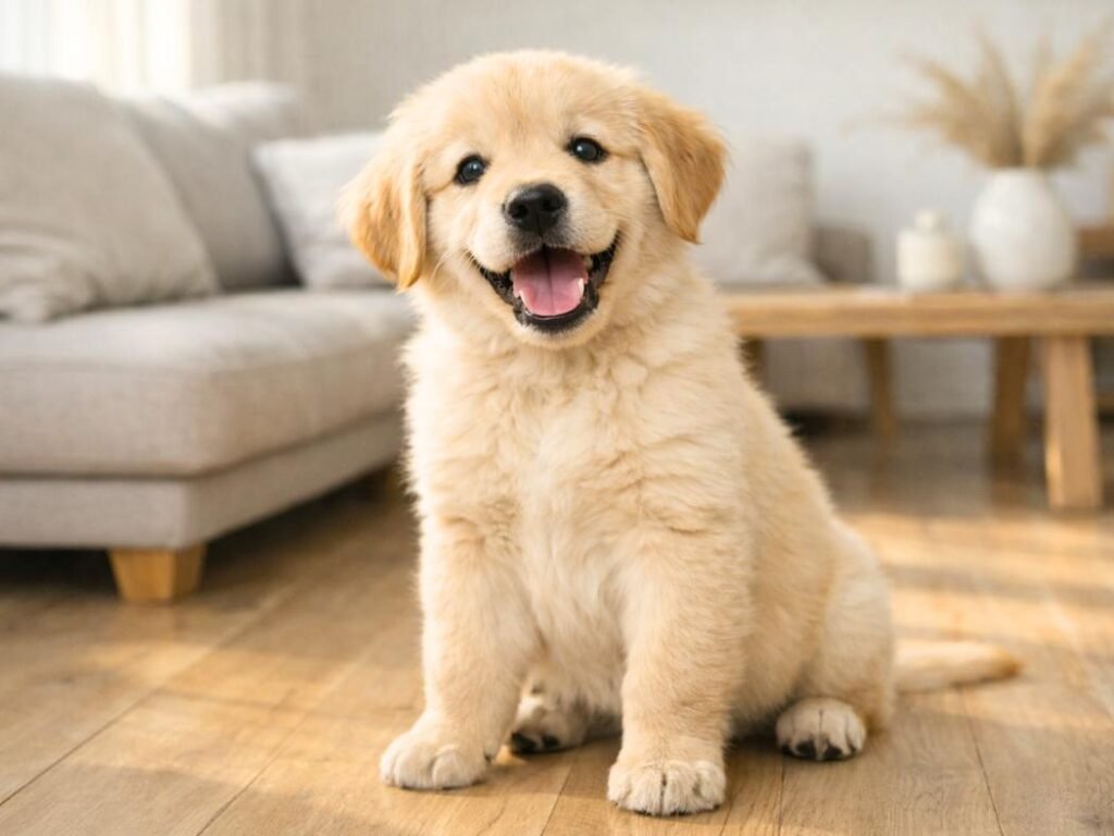 A cute Golden Retriever puppy with a playful expression in a warm, modern home setting.