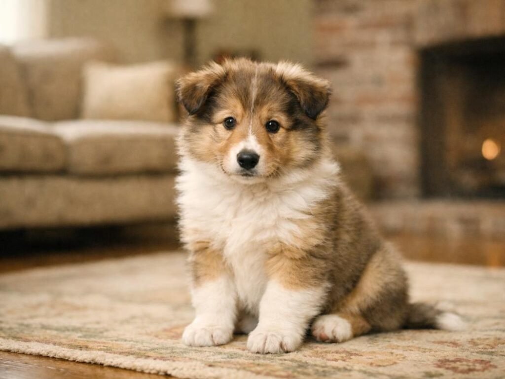 Collie puppy sitting indoors in a vintage American living room