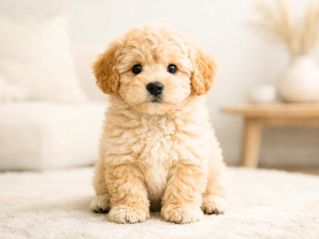 An adorable fluffy Goldendoodle puppy sitting calmly with a sweet teddy-bear expression.