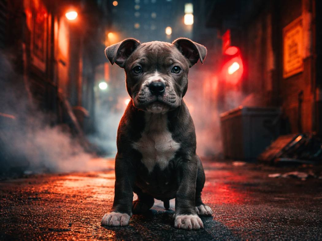 Pit Bull puppy in a cinematic setting with dramatic lighting and action-movie atmosphere