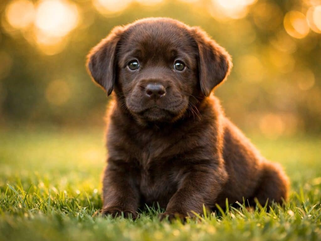 Dark brown chocolate Labrador puppy sitting on grass and looking at the camera
