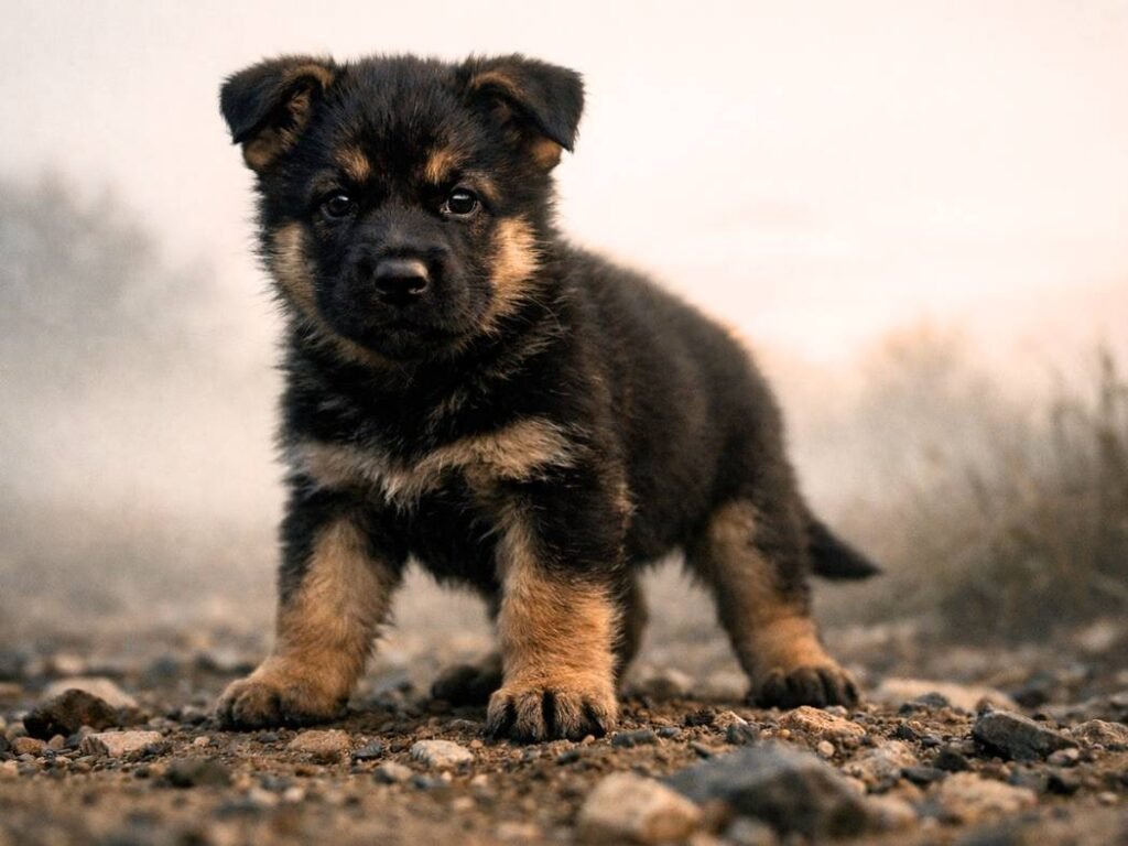 German Shepherd puppy standing confidently with an intense, indignant expression, representing dark and intimidating dog names.