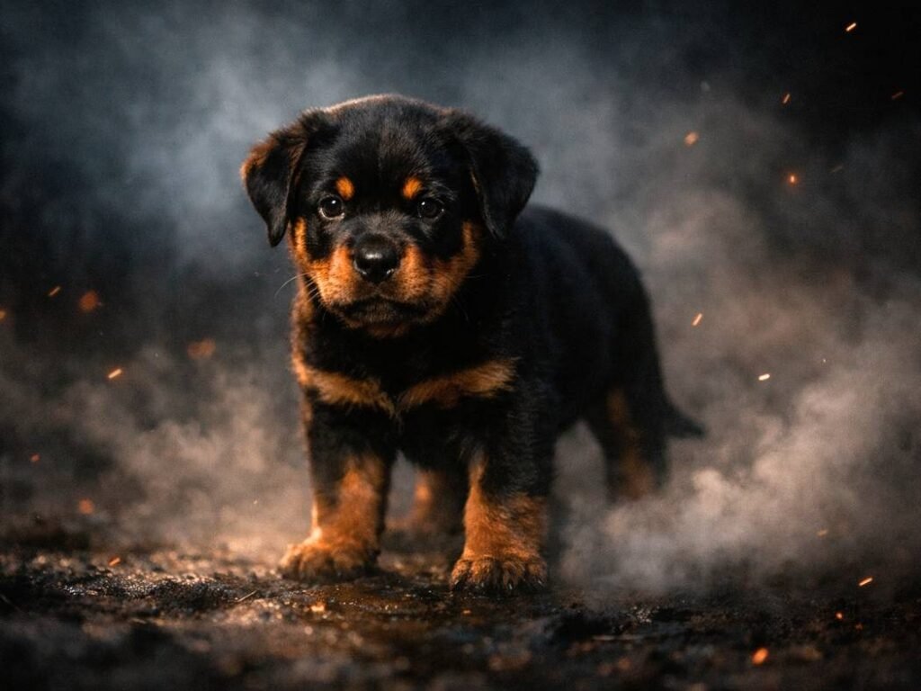 Rottweiler puppy standing in mist and low light with an intense, fearless expression
