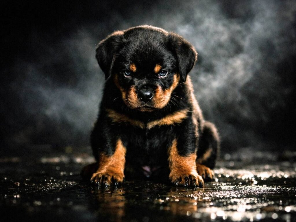 Rottweiler puppy with a dark, intense stare and indignant posture, representing dangerous and intimidating dog names.