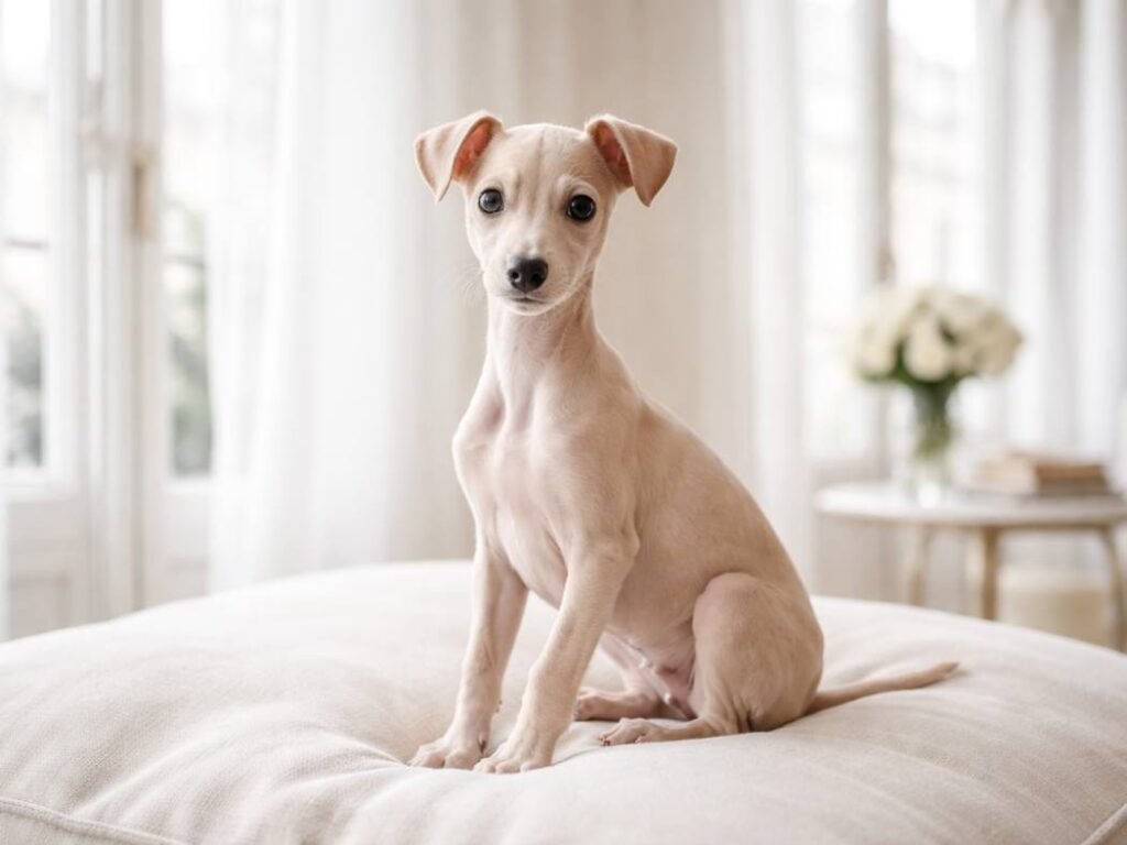 An Italian Greyhound puppy sitting elegantly in a bright, European-inspired interior.
