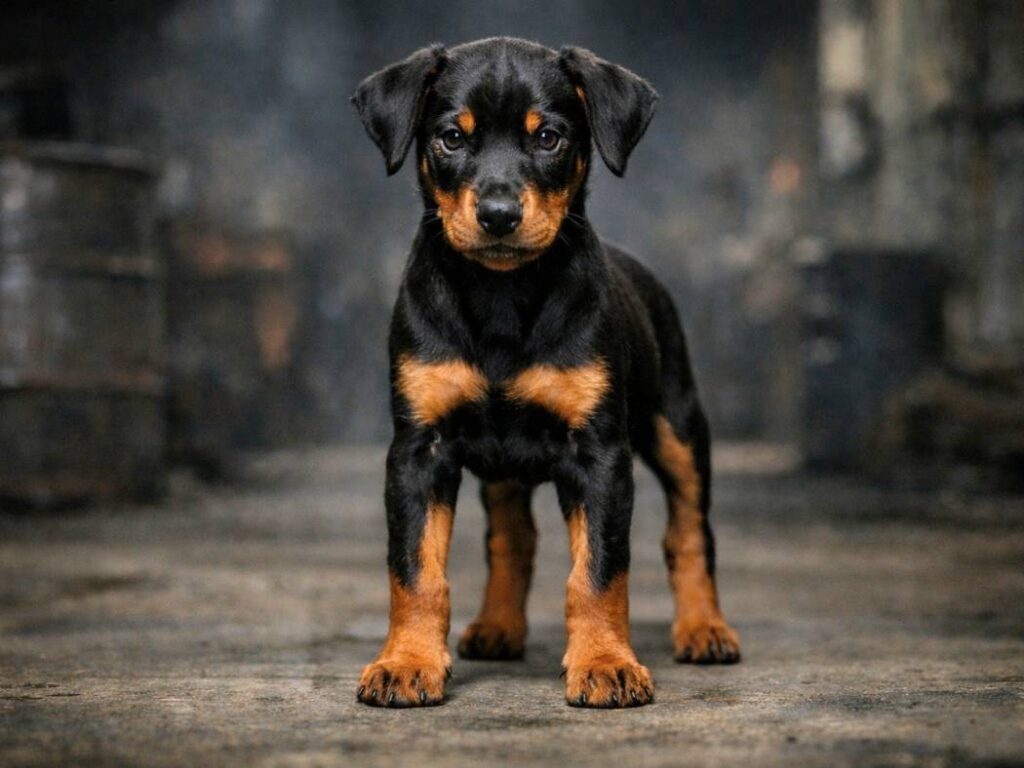 Doberman puppy with an intense gaze in a dark, moody setting