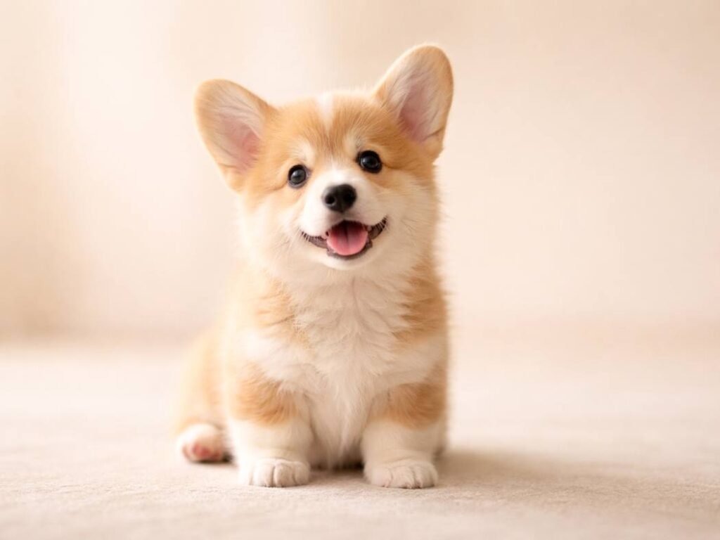 Cute corgi puppy sitting and looking up on a soft neutral background