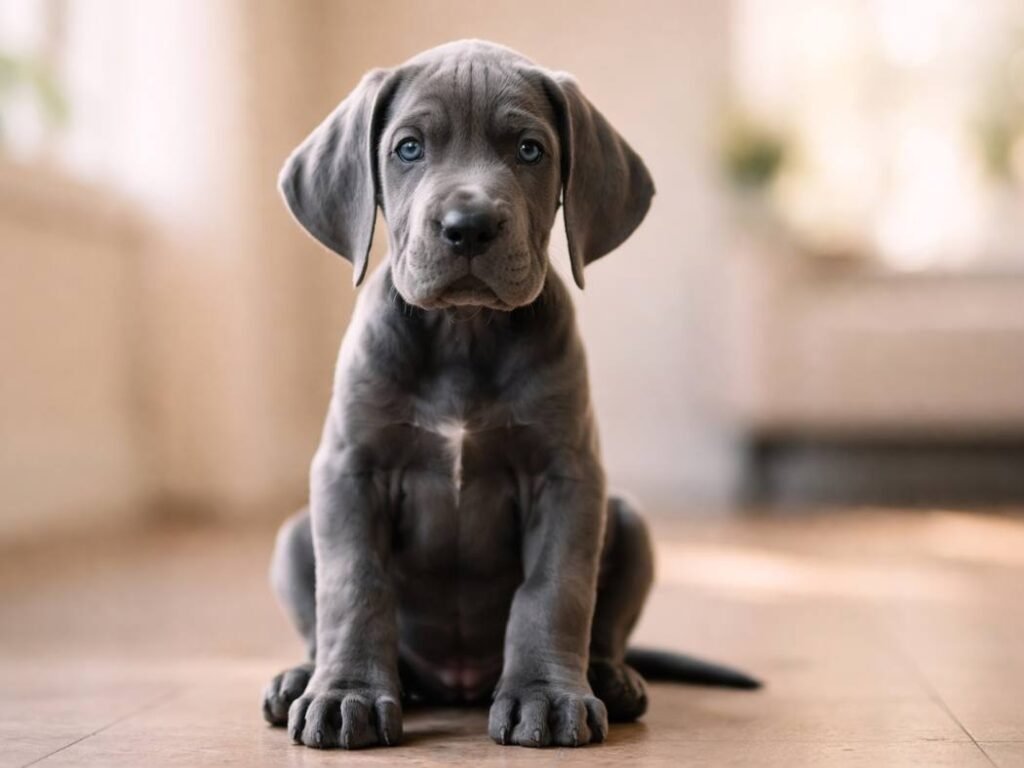 Great Dane puppy sitting and looking at the camera in a bright neutral indoor setting