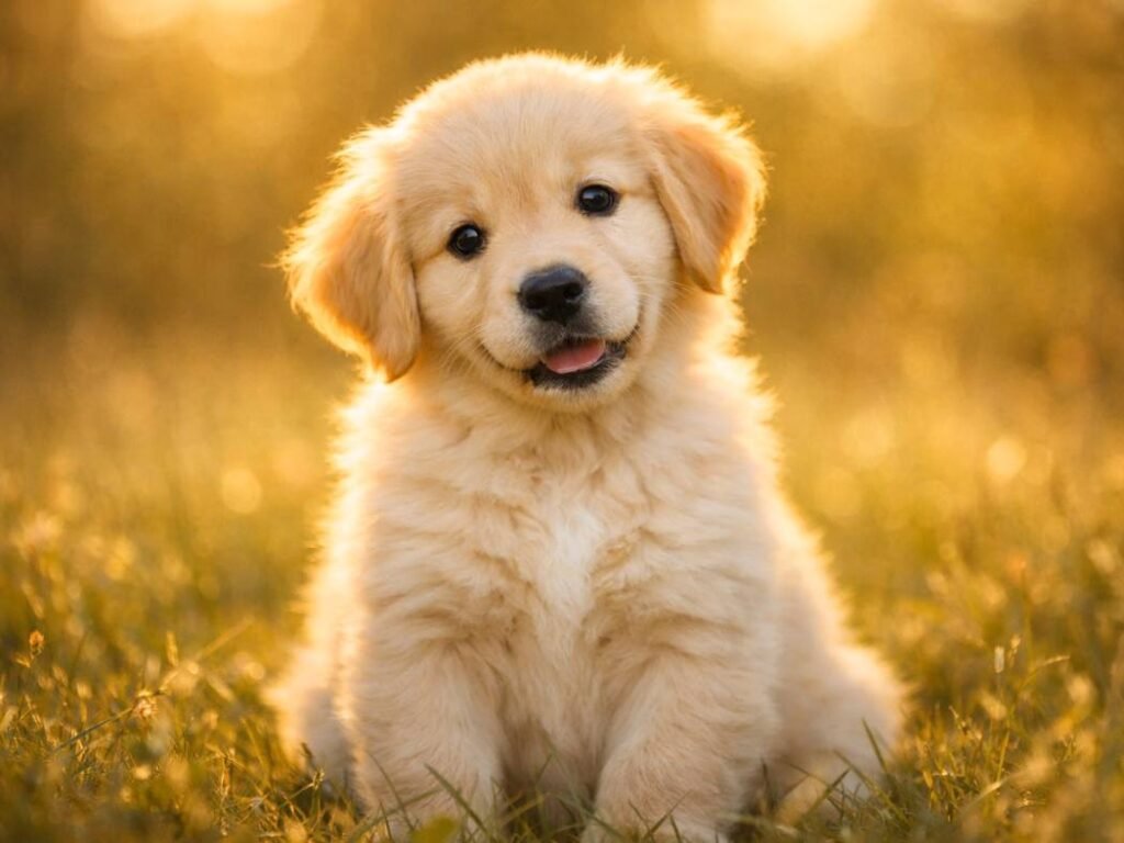 Golden Retriever puppy sitting in a sunny meadow looking happy and adorable