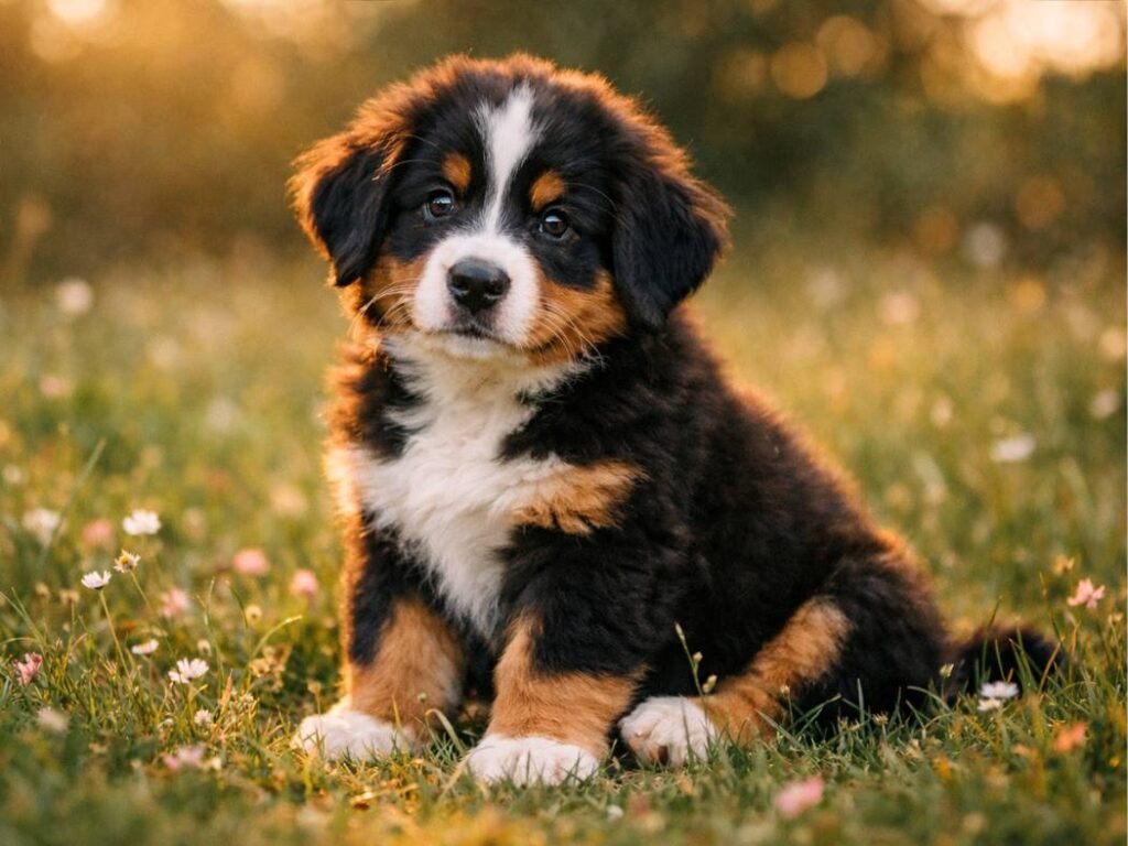 Bernese Mountain Dog puppy sitting in a sunny flower meadow looking curious and adorable