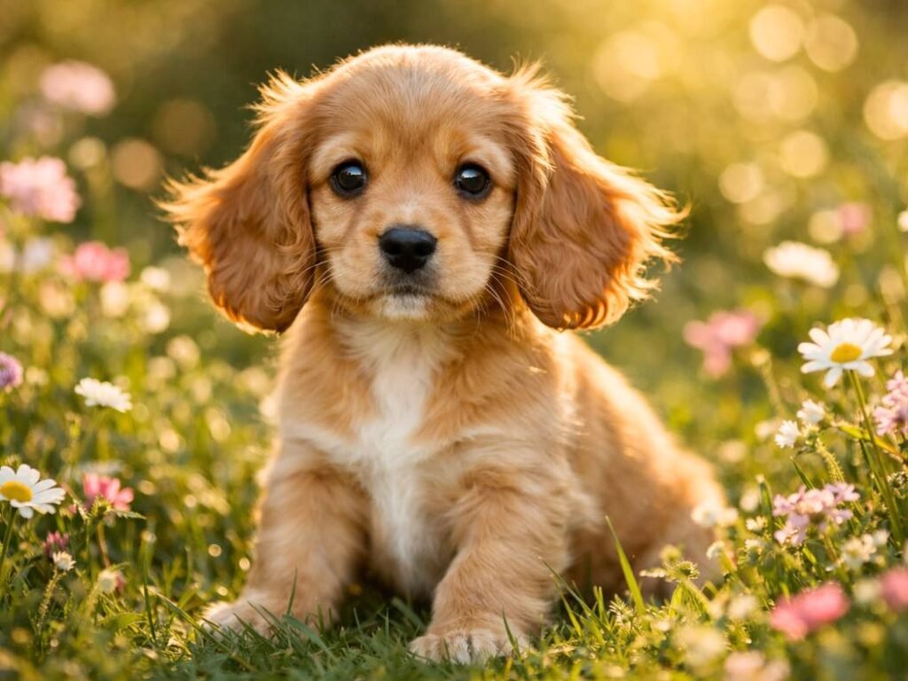 Adorable Cocker Spaniel puppy sitting in a sunny flower garden with soft natural light