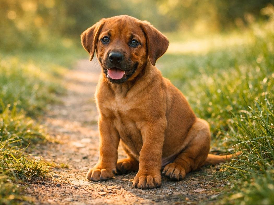 Rhodesian Ridgeback puppy sitting on a sunny park path looking curious and adorable