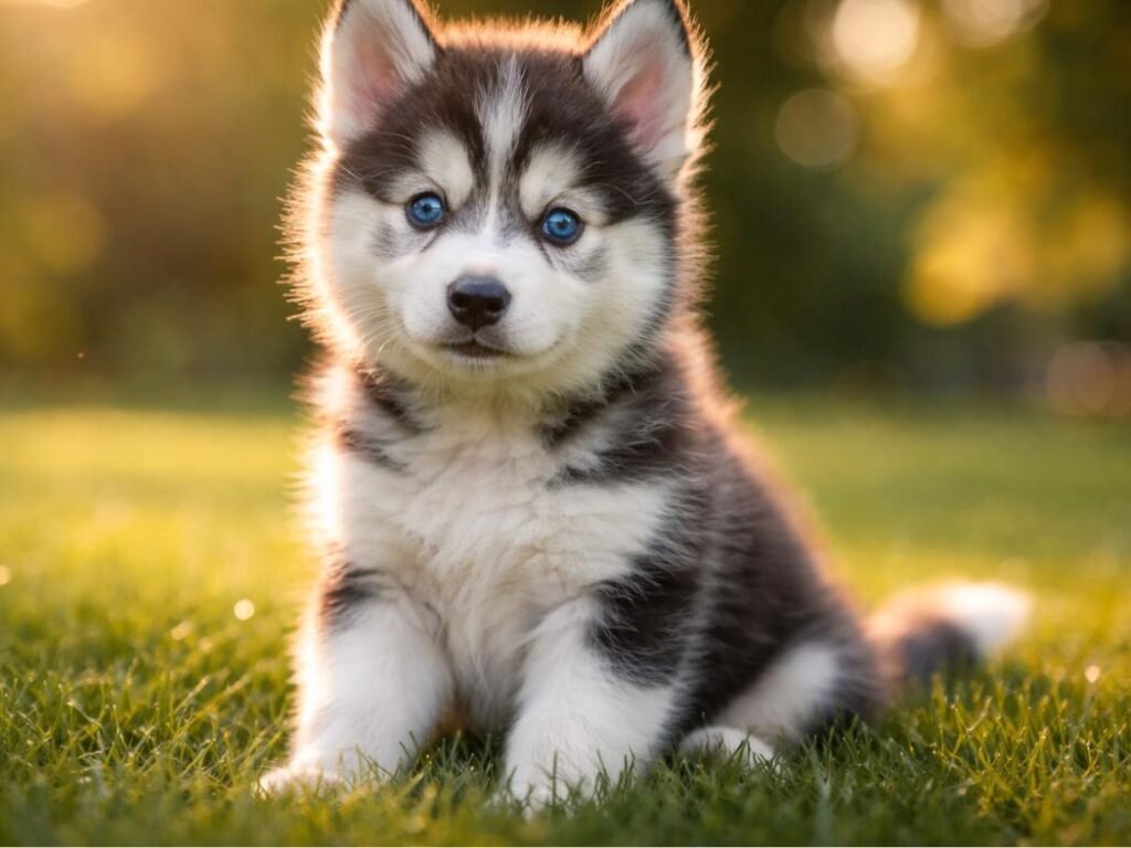 Adorable Siberian Husky puppy sitting on green grass in a sunny park looking curiously at the camera