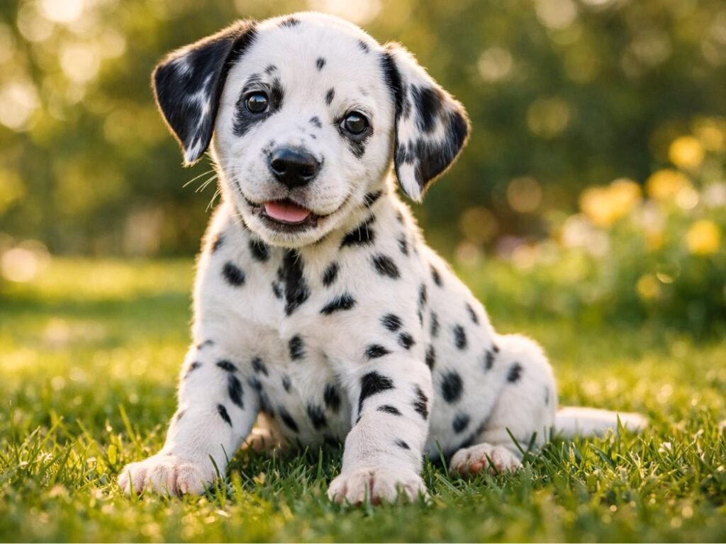 Cute Dalmatian puppy sitting on green grass in a sunny park, looking curious and playful in a natural outdoor setting