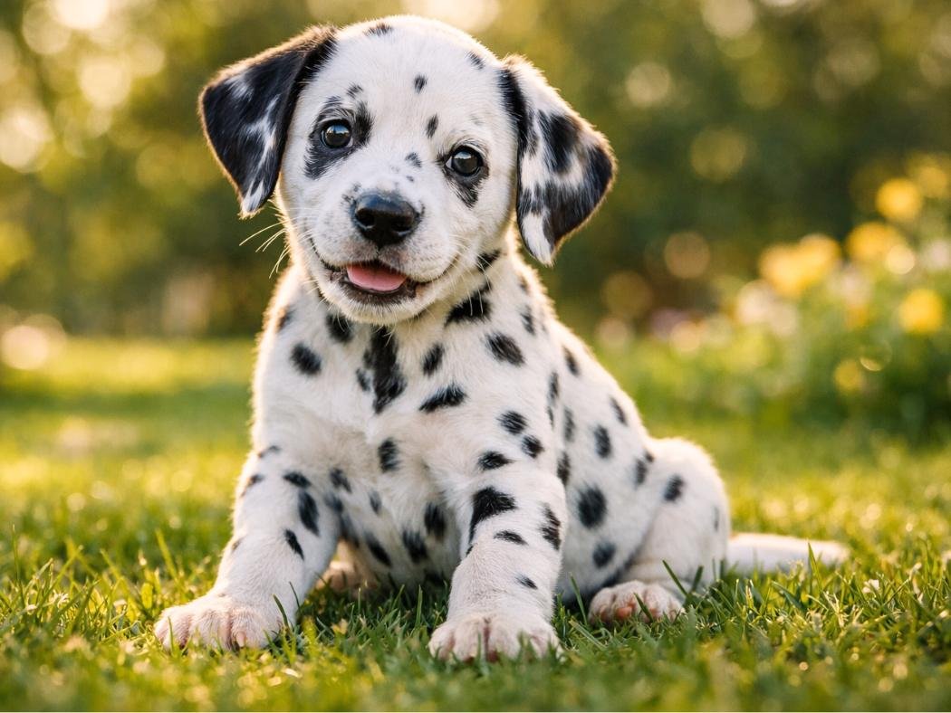 Cute Dalmatian puppy sitting on green grass in a sunny park, looking curious and playful in a natural outdoor setting