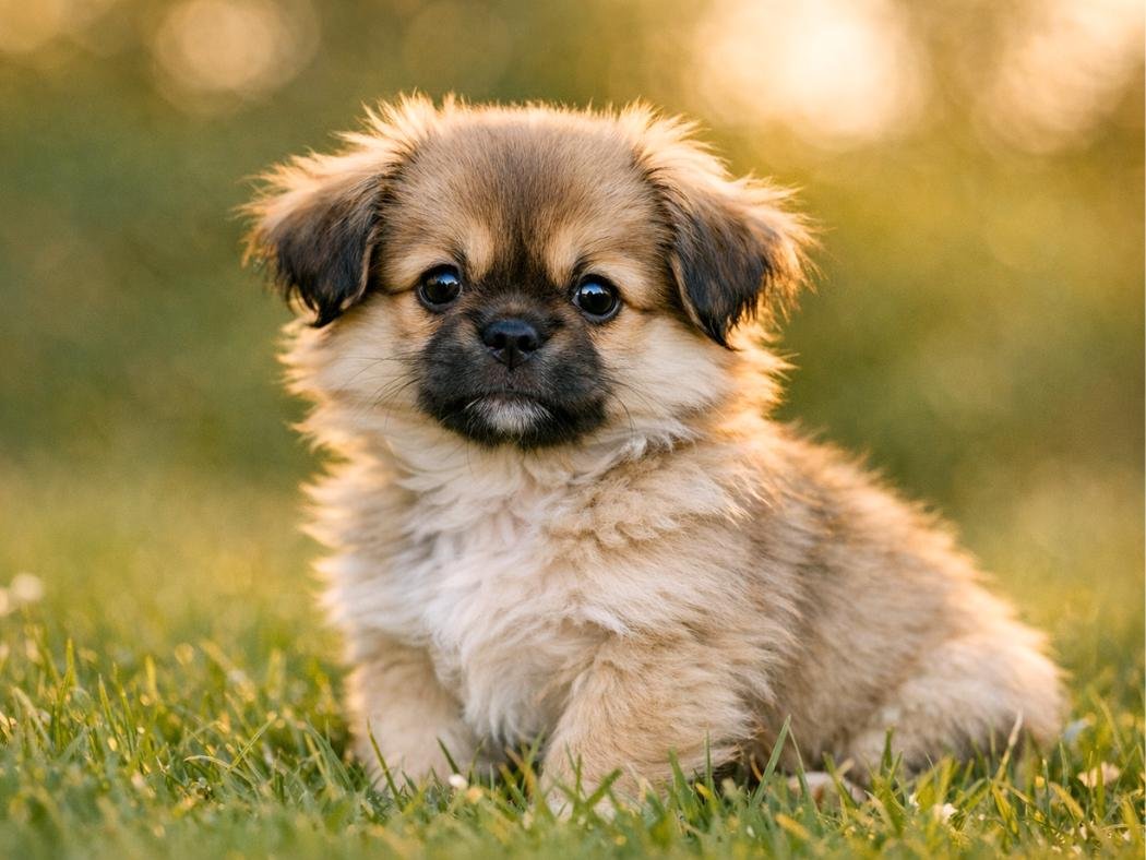 Tibetan Spaniel puppy sitting on grass during golden hour, looking curious and adorable in a natural outdoor setting