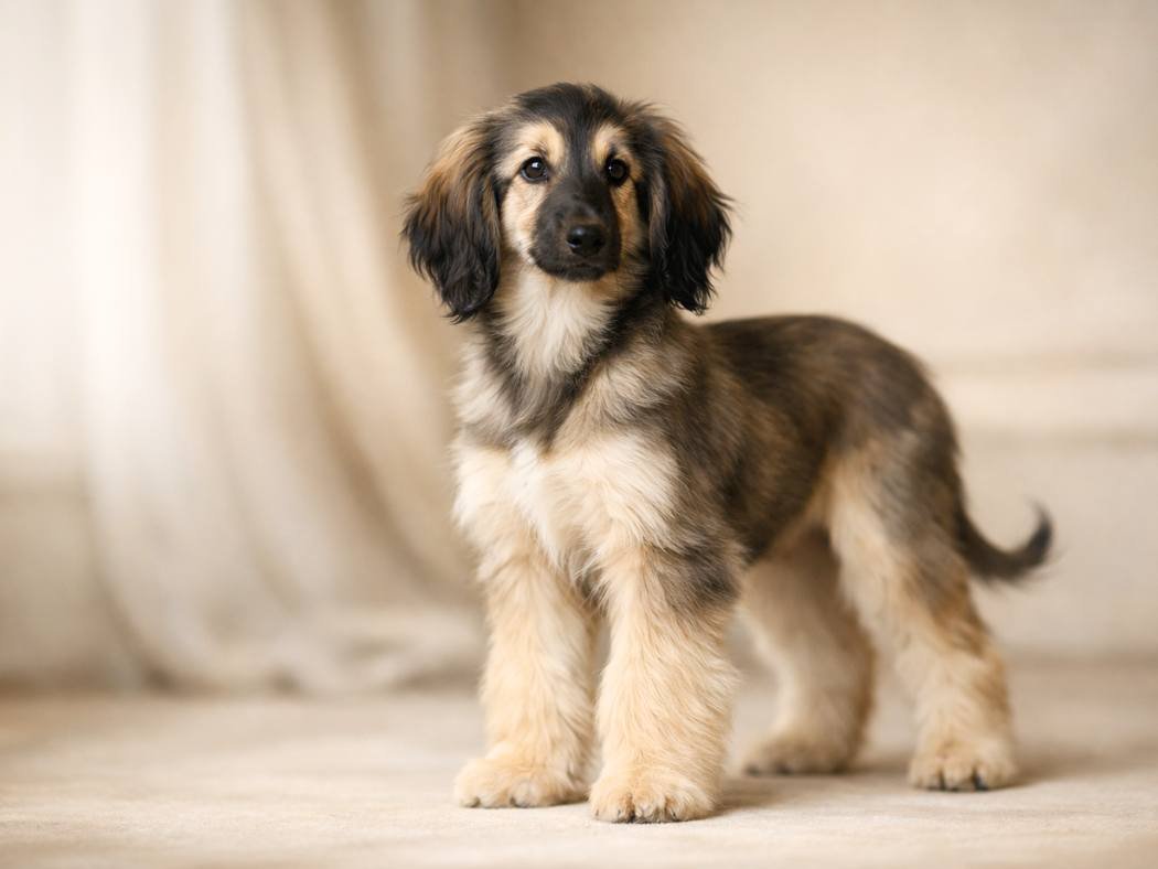 Elegant Afghan Hound puppy standing gracefully in soft natural light with a flowing silky coat.