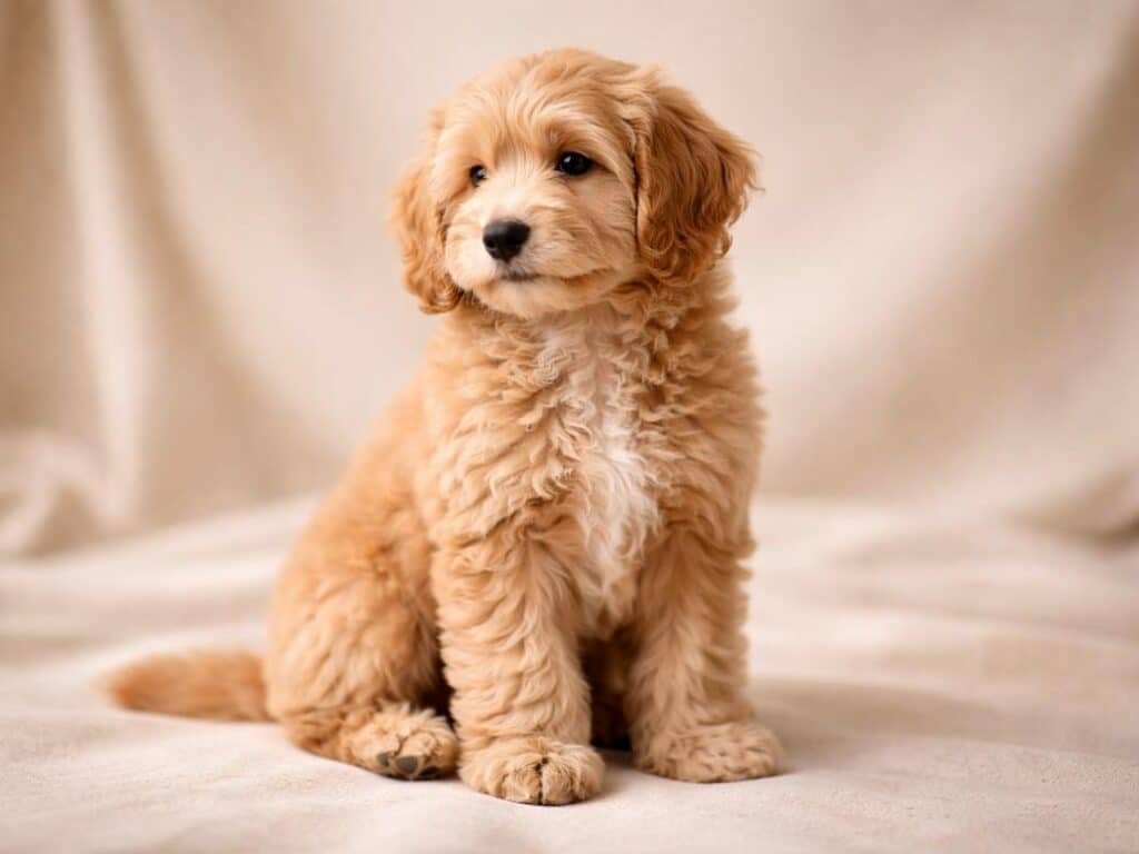 Elegant apricot labradoodle puppy sitting gracefully on neutral background