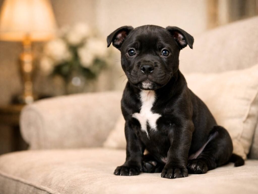 A Staffordshire Bull Terrier puppy sitting gracefully in an elegant indoor setting