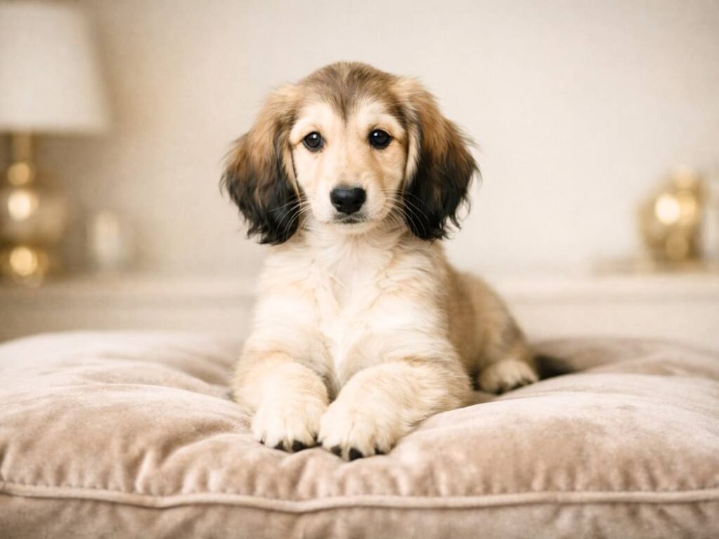 Elegant Afghan Hound puppy sitting gracefully on a soft neutral background, showcasing a refined and luxurious look.