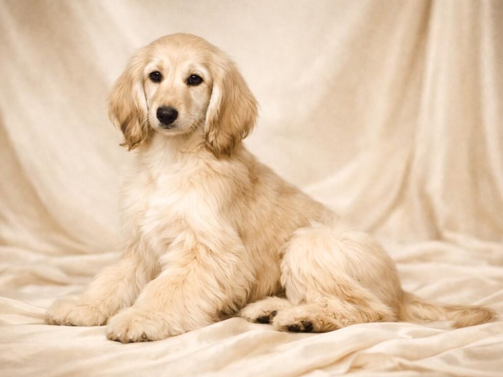 Elegant Afghan Hound puppy with a silky coat sitting gracefully in soft neutral lighting