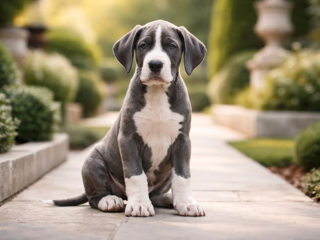 Elegant gray and white Great Dane puppy sitting on a stone path in a garden