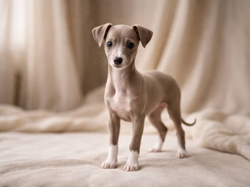 Elegant female puppy with a graceful pose in a soft, neutral setting representing refined dog names.