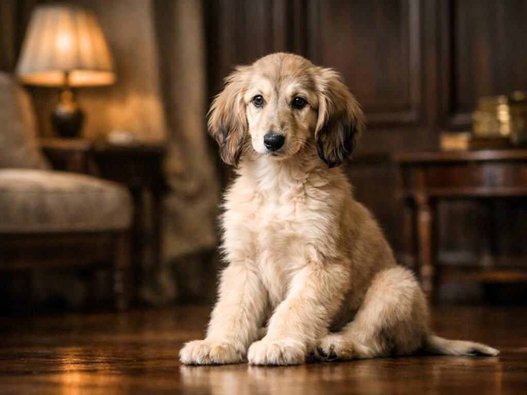 An Afghan Hound puppy sitting calmly in a classic old-money style interior with warm wooden details.