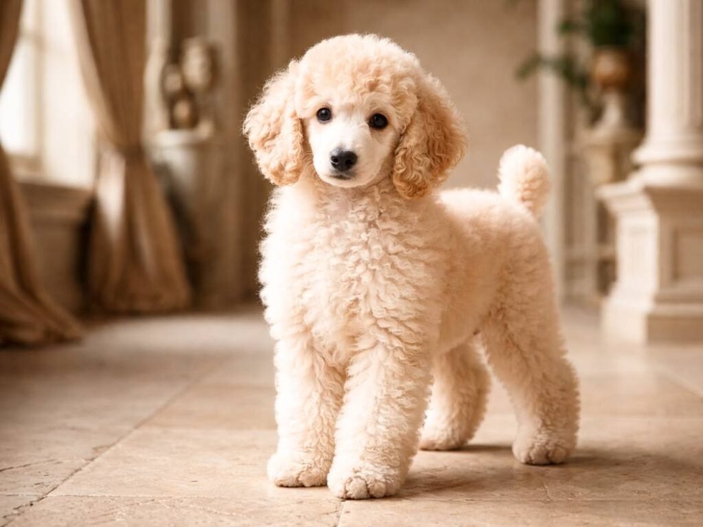 Standard Poodle puppy with perfectly groomed curls in a softly lit European-style backdrop.
