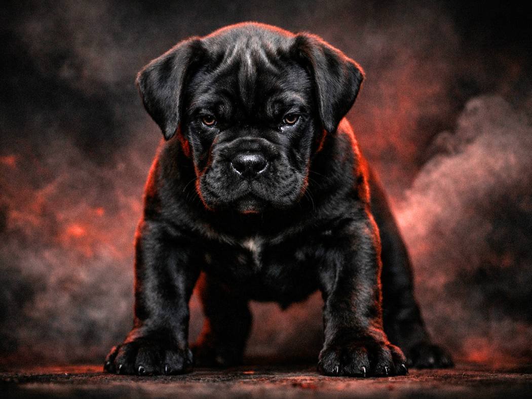 Cane Corso puppy standing confidently in dramatic low light