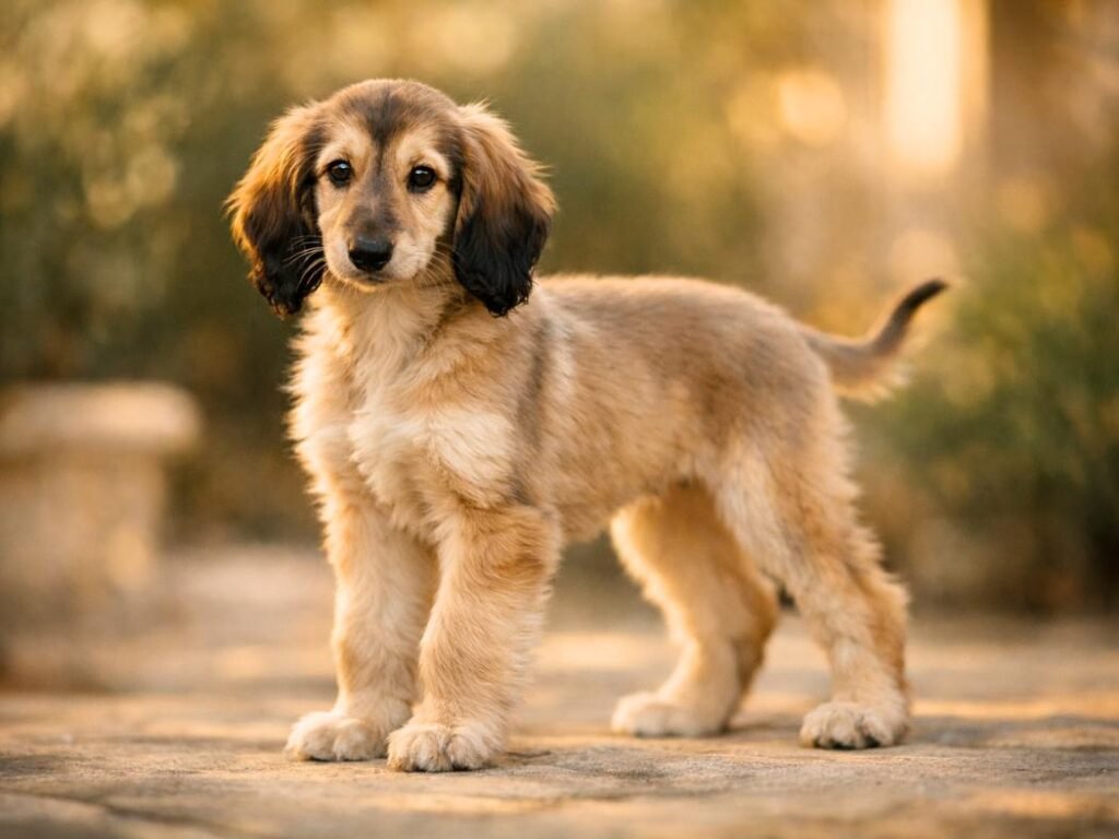 Afghan Hound puppy with long silky fur, showcasing an exotic and elegant dog breed