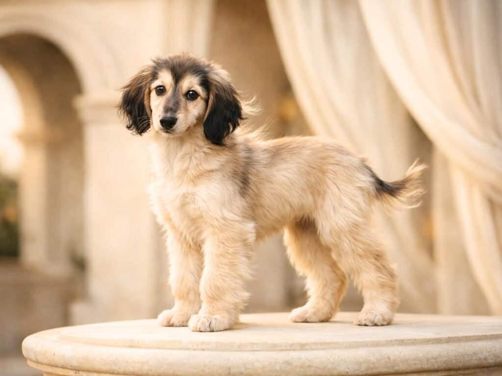 A young female Afghan Hound puppy standing gracefully on a stone pedestal in a luxurious outdoor setting.