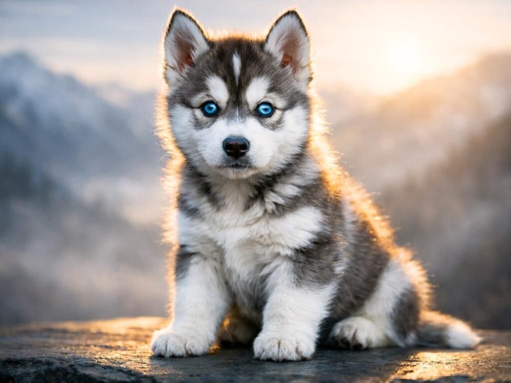 Male Siberian Husky puppy with icy blue eyes sitting confidently in a dramatic mountain setting.