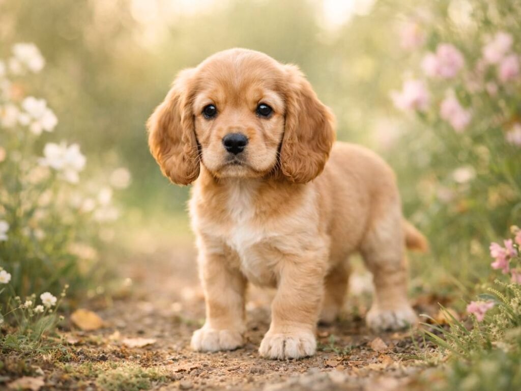 A pretty Cocker Spaniel puppy with floppy ears standing among soft flowers and greenery